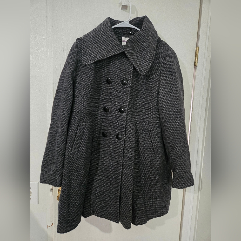 Large Momo Maternity Gray And Black Wool Hooded Collared Coat. Lined.Hood Unzips